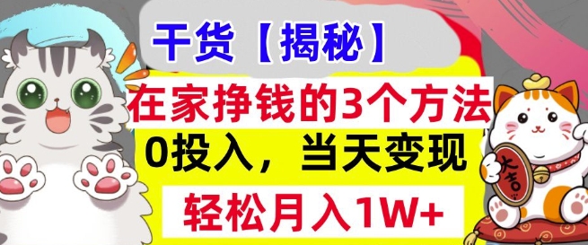 在家挣钱的3个方法，0投入，当天变现，轻松月入过W-资源妙妙屋